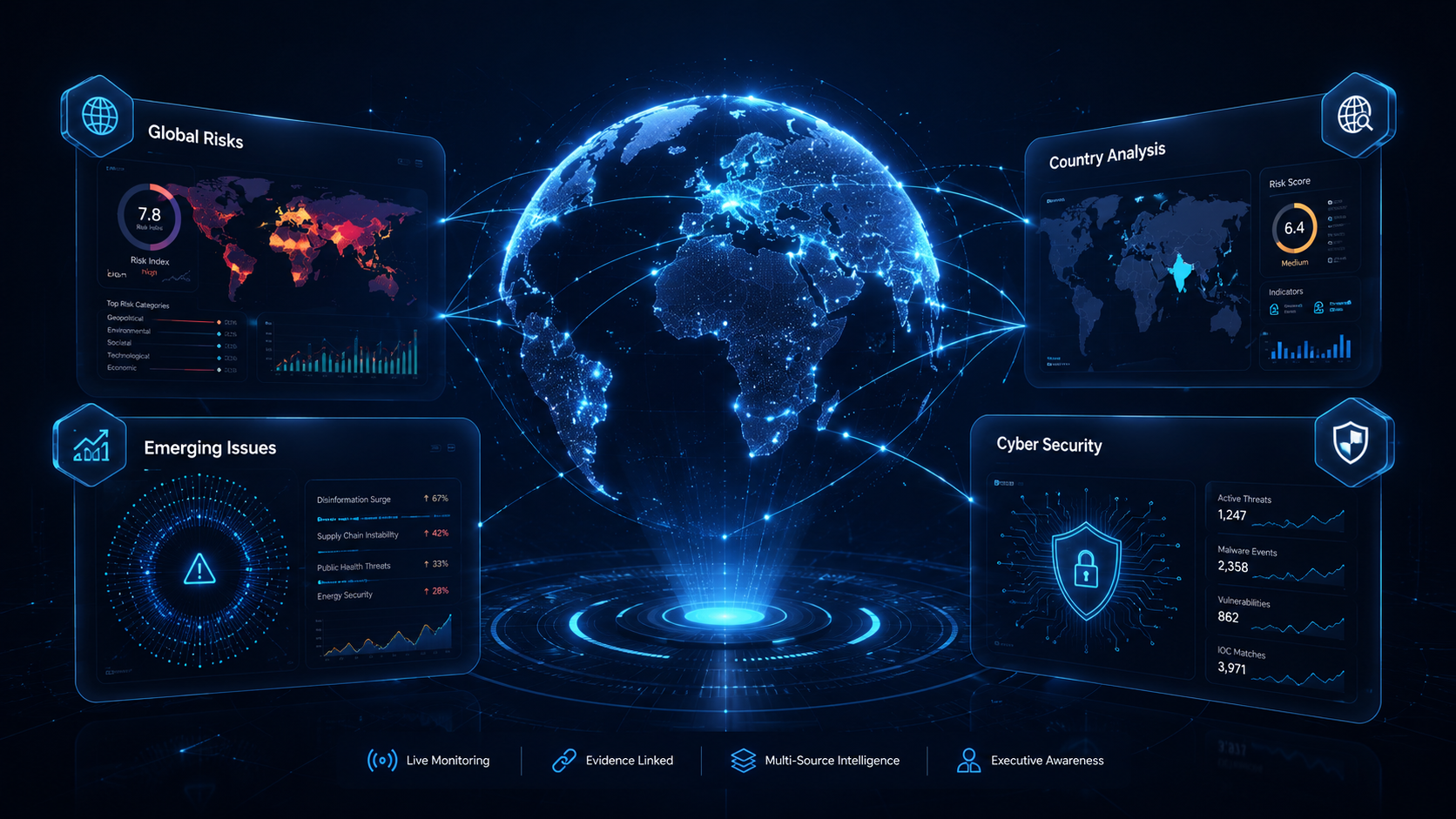 QRMonitor dashboard presenting live global monitoring and evidence-linked intelligence.
